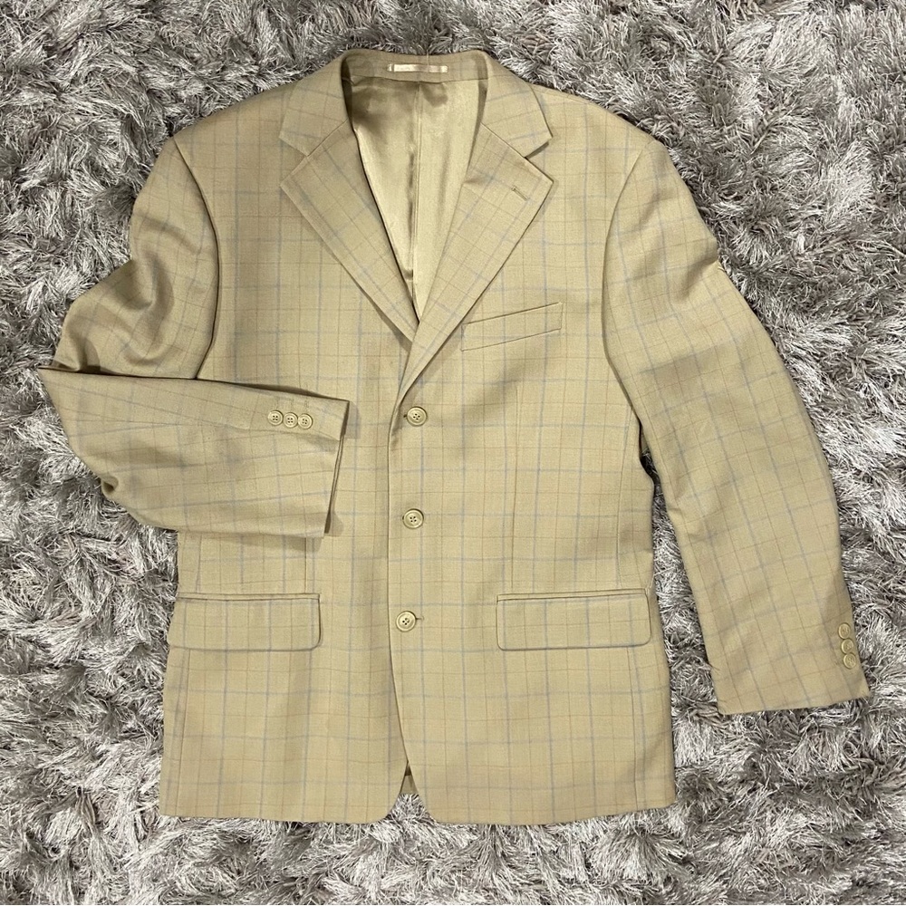 Woolmark men beige stripe plaid long sleeve wool blend blazer. Size 40 S/C. Used